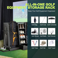 HKM-797779 Wooden Golf Bag Organizer and Storage Rack with Drawers, 2-Bag Holder, Easy Assembly, Black Finish