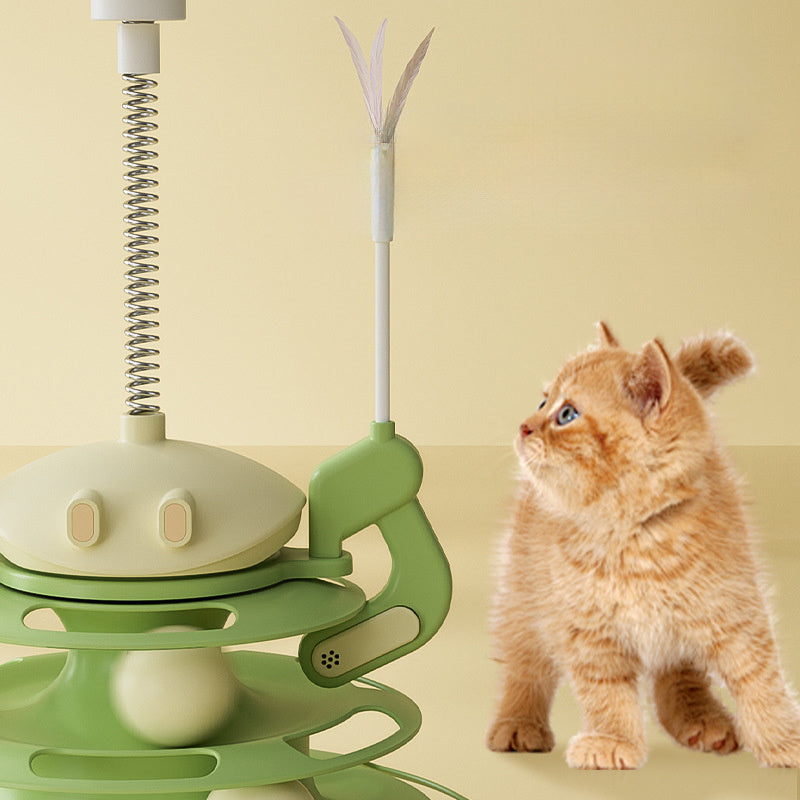 HKM-377555 Interactive Rotating Cat Plate with Feather Toy and Leaking Treats - Four-Layer Entertainment Tower