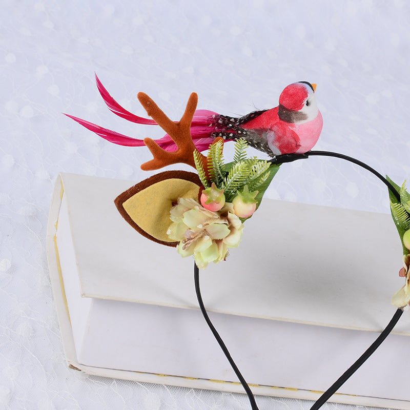 HKM-142803 Festive Little Antler Headband for Adults and Kids - Fabric with Artificial Antlers and Bird
