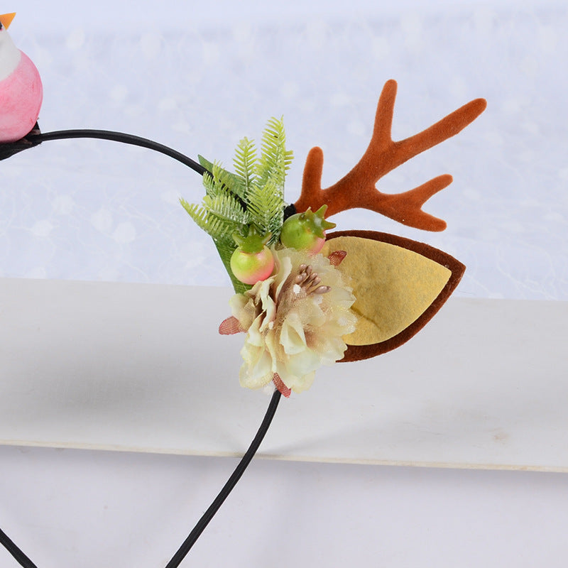 HKM-142803 Festive Little Antler Headband for Adults and Kids - Fabric with Artificial Antlers and Bird