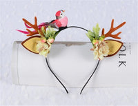 HKM-142803 Festive Little Antler Headband for Adults and Kids - Fabric with Artificial Antlers and Bird