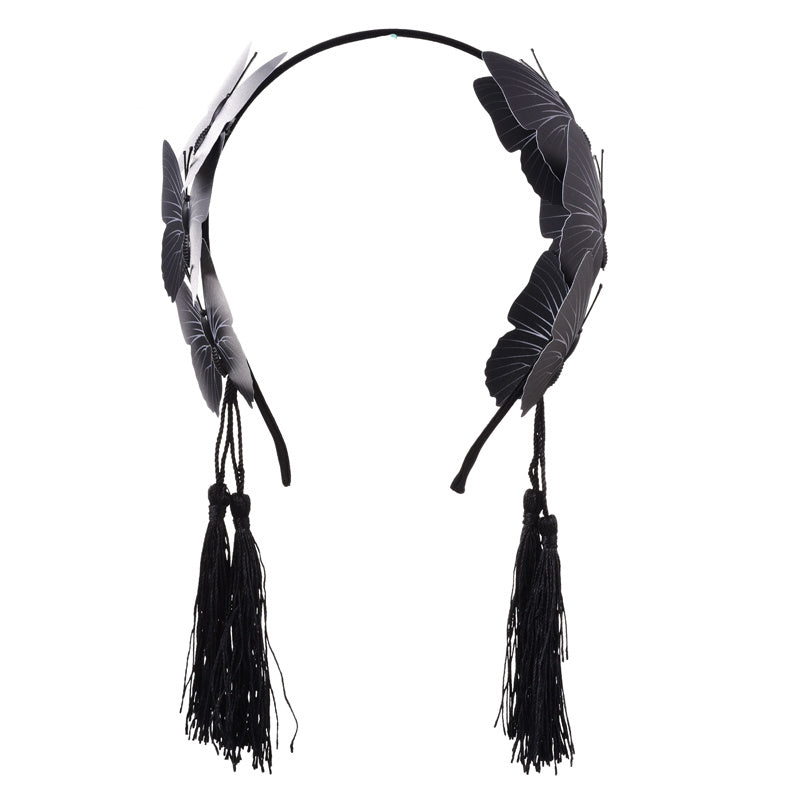 HKM-191379 Gothic Butterfly Headband with Tassels in Black, Made of Durable Plastic and Resin