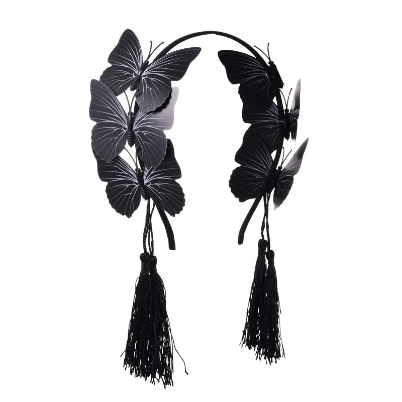 HKM-191379 Gothic Butterfly Headband with Tassels in Black, Made of Durable Plastic and Resin