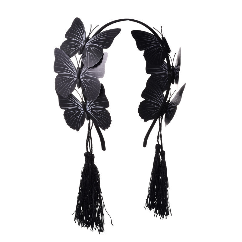 HKM-191379 Gothic Butterfly Headband with Tassels in Black, Made of Durable Plastic and Resin
