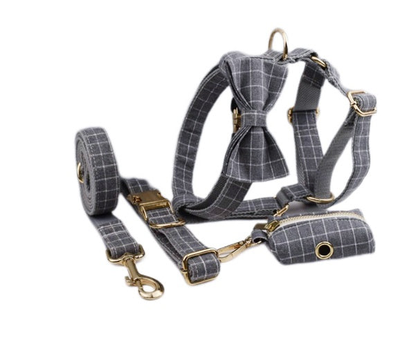 HKM-080531 Soft Fabric Velvet Pet Collar with Leash, Bow, Flower, Vest, and Poop Bag - Scalable Sizes XS to XL