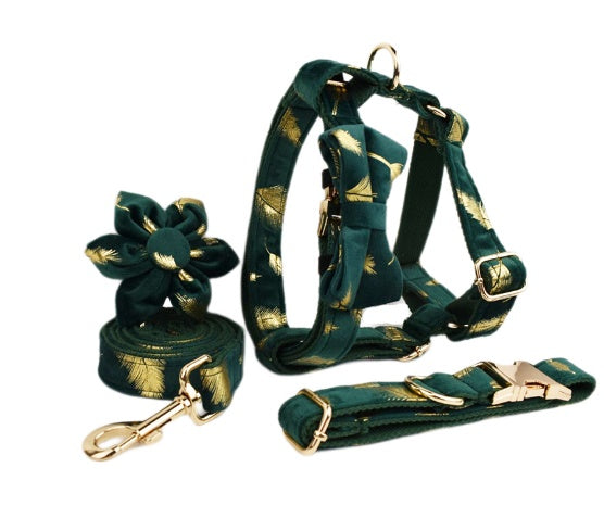 HKM-080531 Soft Fabric Velvet Pet Collar with Leash, Bow, Flower, Vest, and Poop Bag - Scalable Sizes XS to XL