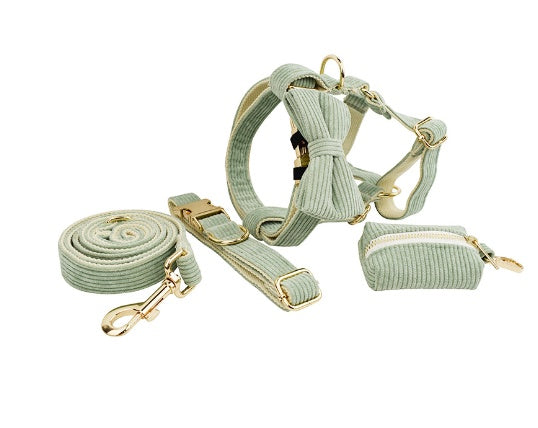 HKM-080531 Soft Fabric Velvet Pet Collar with Leash, Bow, Flower, Vest, and Poop Bag - Scalable Sizes XS to XL