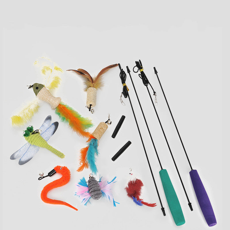 HKM-174035 Long Cat Toy Feather Wand with Plush Attachment - 41CM Pole, 70CM Rope