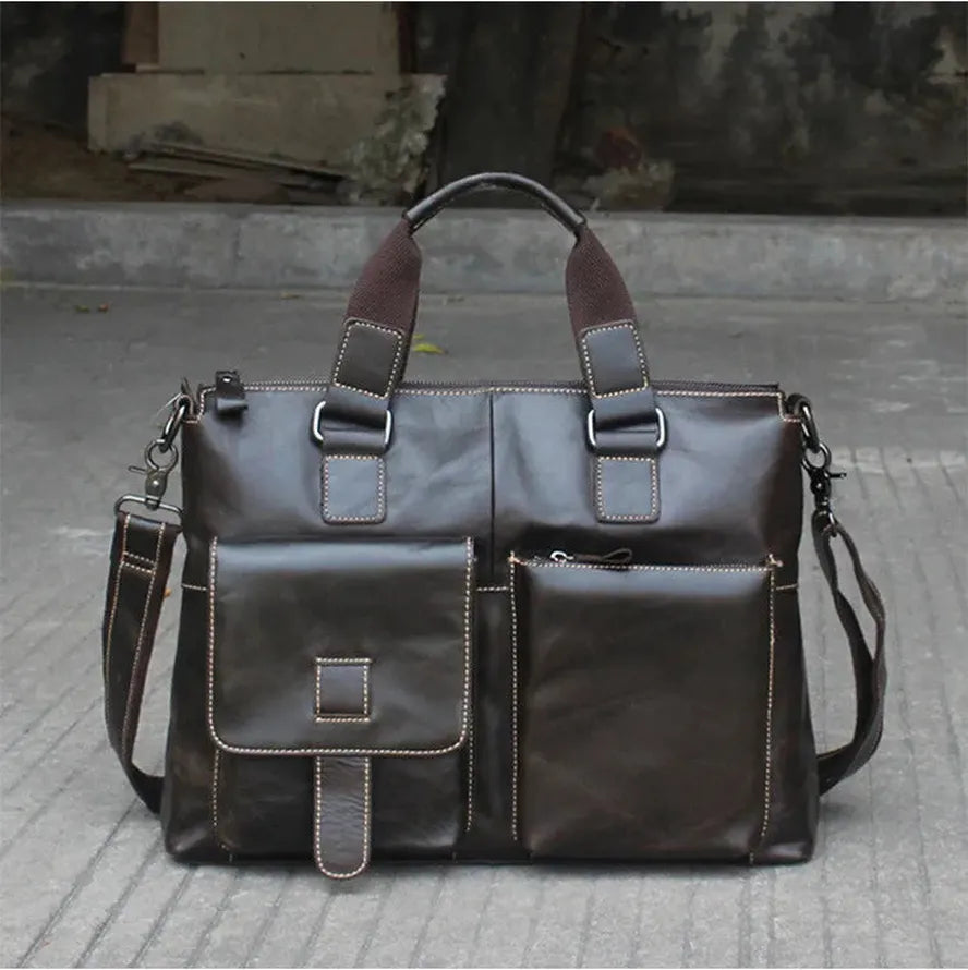 HKM-955091 Retro Style Men's Leather Briefcase – Casual Crossbody Shoulder Bag with Zipper Closure