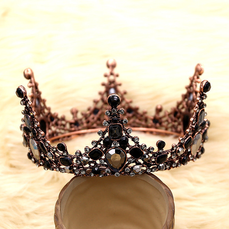 HKM-083027 Elegant Retro Round Crown Headdress with Black Crystals and Alloy Material