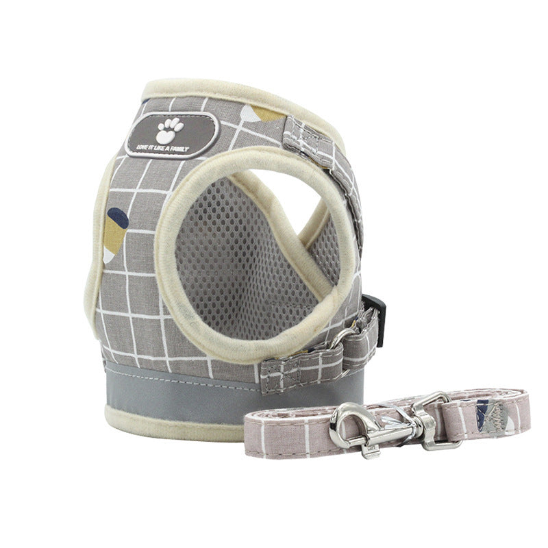 HKM-613203 Reflective Breathable Mesh Harness and Leash for Small to Medium Pets in Light Pink, Grey, and Khaki