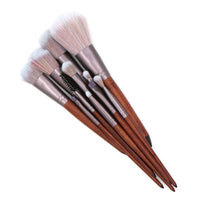 HKM-475731 11-Piece Makeup Brush Set with Synthetic Hair, Matte Aluminum Ferrule, and Natural Wood Handle