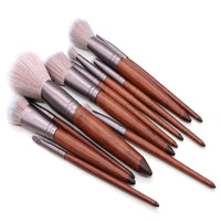 HKM-475731 11-Piece Makeup Brush Set with Synthetic Hair, Matte Aluminum Ferrule, and Natural Wood Handle