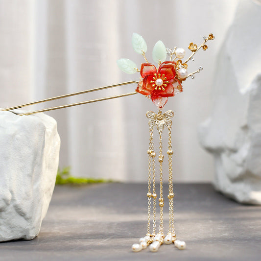 HKM-933843 Fringed Red Imitation Jade Flower Hairpin - Retro Alloy Design for Weddings and Special Occasions