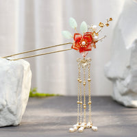 HKM-933843 Fringed Red Imitation Jade Flower Hairpin - Retro Alloy Design for Weddings and Special Occasions