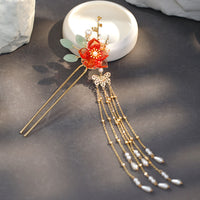HKM-933843 Fringed Red Imitation Jade Flower Hairpin - Retro Alloy Design for Weddings and Special Occasions