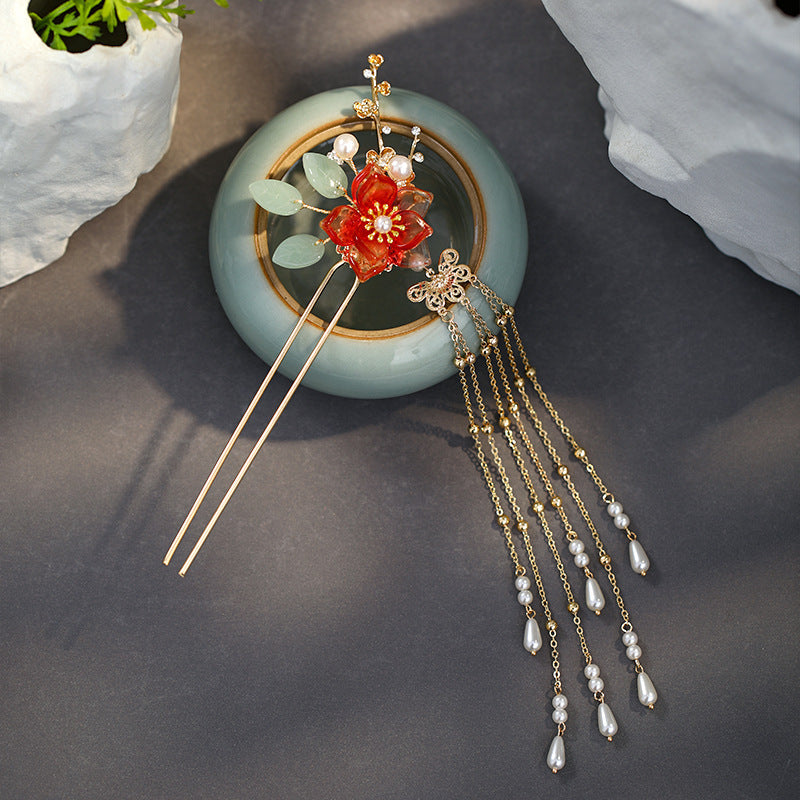 HKM-933843 Fringed Red Imitation Jade Flower Hairpin - Retro Alloy Design for Weddings and Special Occasions