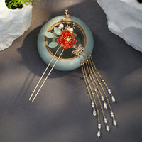HKM-933843 Fringed Red Imitation Jade Flower Hairpin - Retro Alloy Design for Weddings and Special Occasions