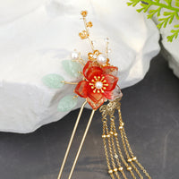 HKM-933843 Fringed Red Imitation Jade Flower Hairpin - Retro Alloy Design for Weddings and Special Occasions
