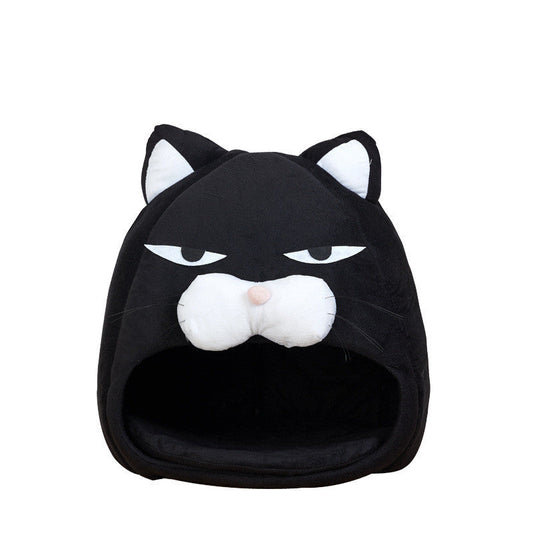 HKM-0055101 Black Cat Cartoon Thermal Nest for Dogs - Soft Cloth Pet Kennel in Medium and Small Sizes