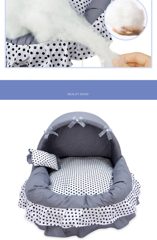 HKM-0350013 Removable and Washable Small Pet Nest with Bow-Knot Design, Eco-Friendly Cotton, Double-Layer Skirts, Comfortable and Warm