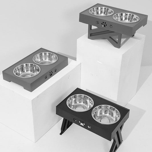 HKM-4729533 Adjustable Stainless Steel Dog Bowl for Feeding and Watering, Plastic Base, Black and Gray