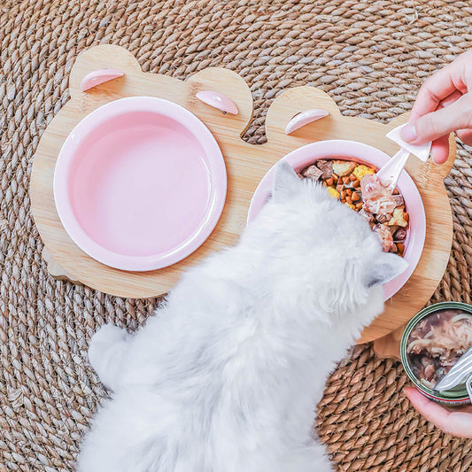 HKM-4795069 Ceramic Pet Feeding Bowls with Bamboo Stand for Dogs and Cats - Single or Double Food and Water Dish