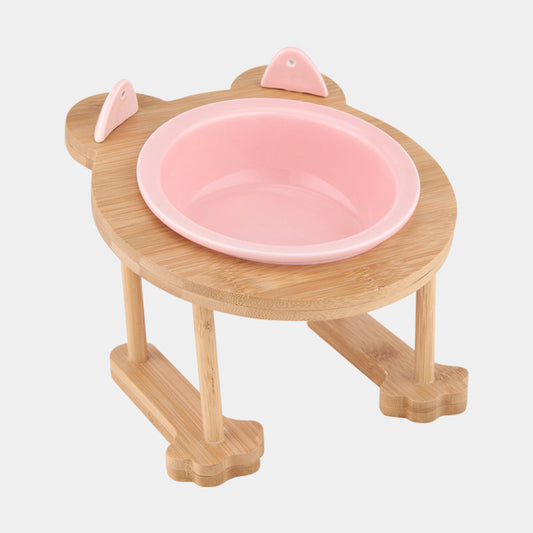 HKM-4795069 Ceramic Pet Feeding Bowls with Bamboo Stand for Dogs and Cats - Single or Double Food and Water Dish