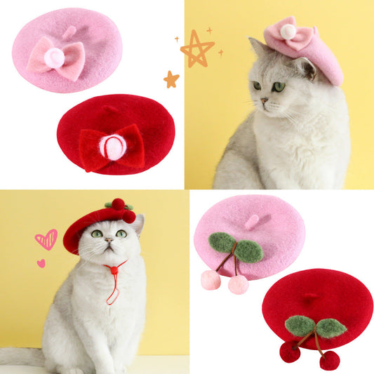HKM-6059581 Wool Hat for Cats in Red Cherry or Pink Cherry - Winter Wear