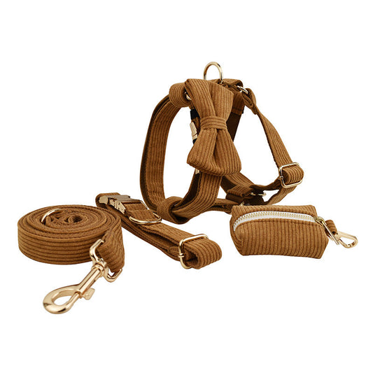 HKM-6223421 Caramel Corduroy 5-Piece Pet Collar Set with Bow, Vest, and Poop Bag
