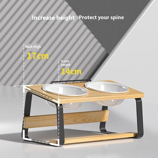 HKM-7057853 Ceramic Double Bowl Pet Feeding Set with Wooden Stand for Cats