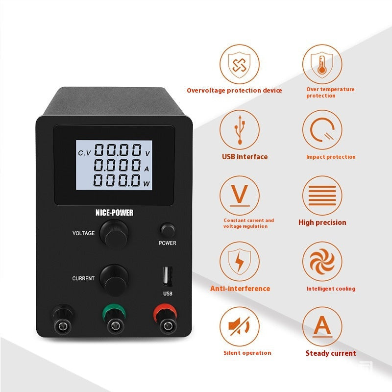 KTX-000147 Adjustable DC Stabilized Power Supply with LCD Display and USB Jack - 60V, 5A, Dual Voltage Input