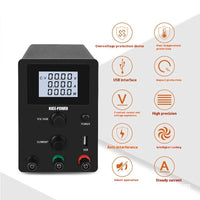 HKM-000147 Adjustable DC Stabilized Power Supply with LCD Display and USB Jack - 60V, 5A, Dual Voltage Input
