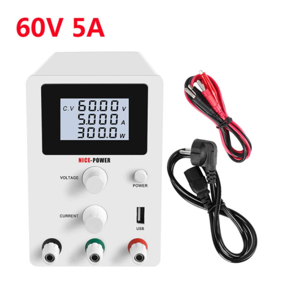 KTX-000147 Adjustable DC Stabilized Power Supply with LCD Display and USB Jack - 60V, 5A, Dual Voltage Input