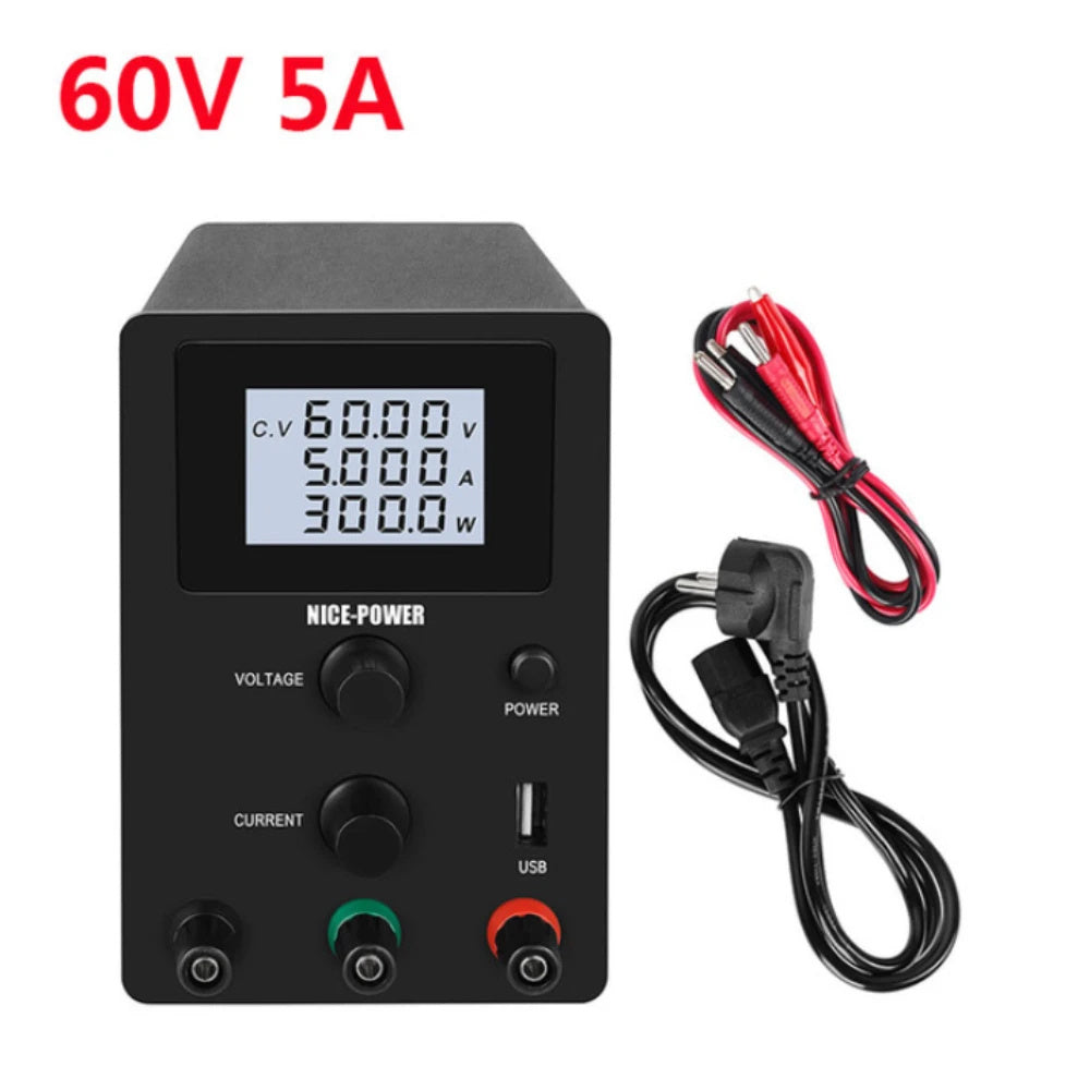 KTX-000147 Adjustable DC Stabilized Power Supply with LCD Display and USB Jack - 60V, 5A, Dual Voltage Input