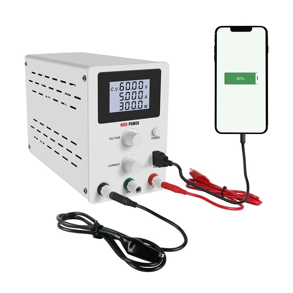 KTX-000147 Adjustable DC Stabilized Power Supply with LCD Display and USB Jack - 60V, 5A, Dual Voltage Input