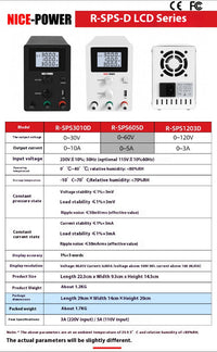 HKM-000147 Adjustable DC Stabilized Power Supply with LCD Display and USB Jack - 60V, 5A, Dual Voltage Input