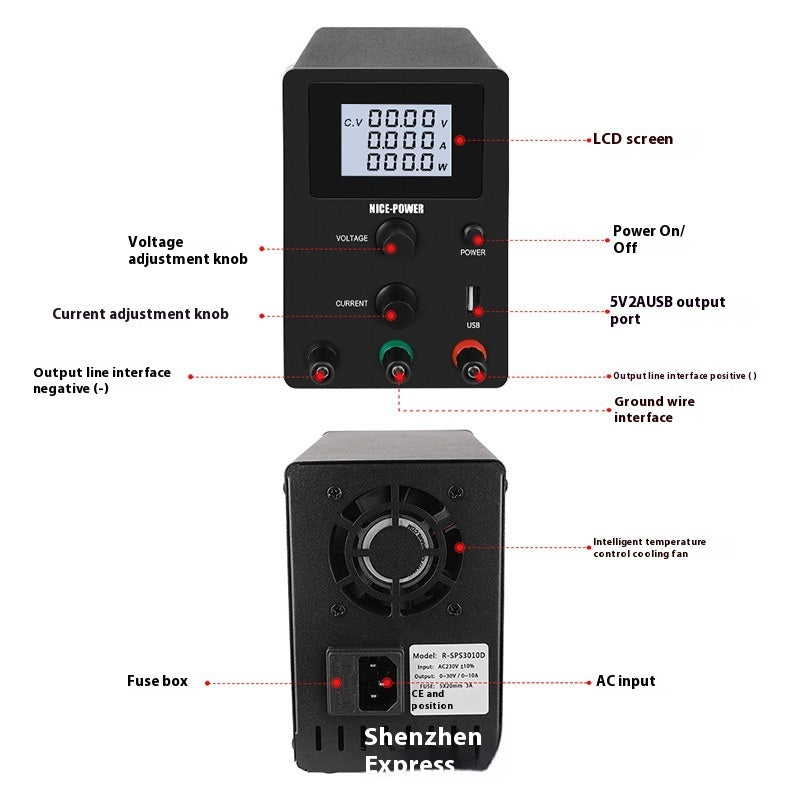 KTX-000147 Adjustable DC Stabilized Power Supply with LCD Display and USB Jack - 60V, 5A, Dual Voltage Input