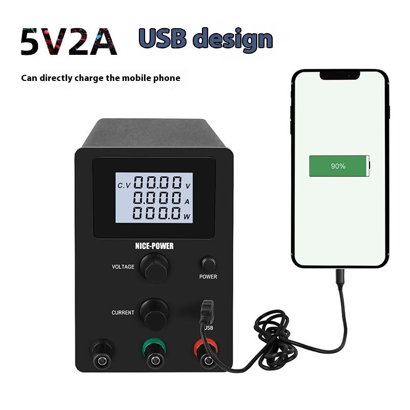 KTX-000147 Adjustable DC Stabilized Power Supply with LCD Display and USB Jack - 60V, 5A, Dual Voltage Input