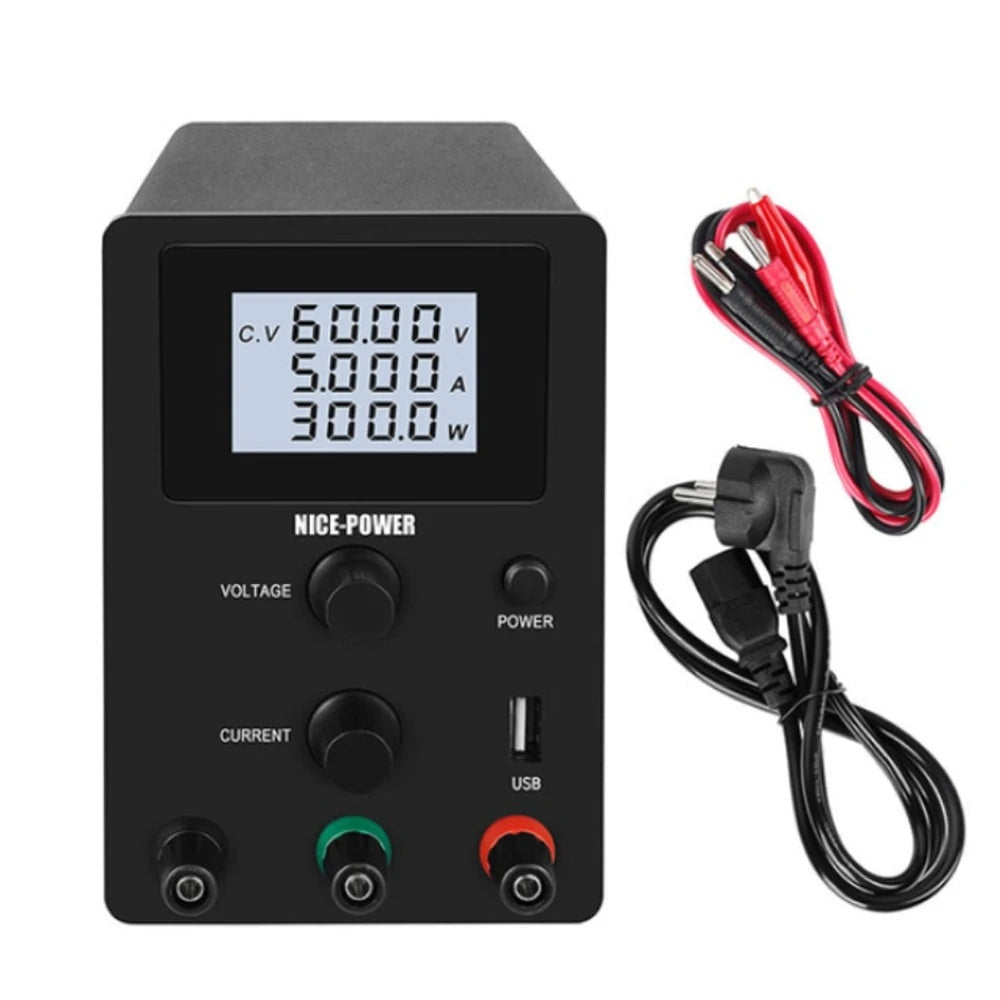 KTX-000147 Adjustable DC Stabilized Power Supply with LCD Display and USB Jack - 60V, 5A, Dual Voltage Input