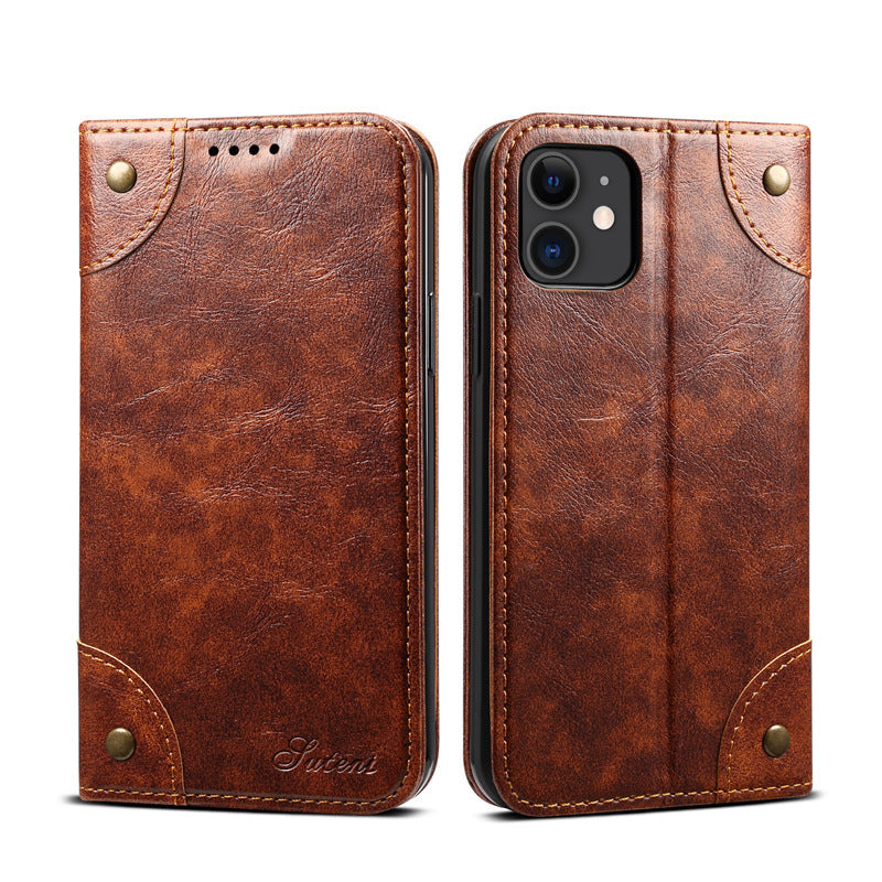HKM-001043 Mobile Phone Wallet Case in Oil Wax Artificial Leather for iPhone Models