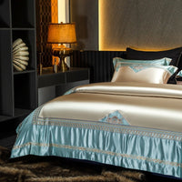 HKM-001107 Silk Cotton Embroidery Four-Piece Bed Set in Solid and Geometric Patterns