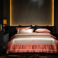 HKM-001107 Silk Cotton Embroidery Four-Piece Bed Set in Solid and Geometric Patterns
