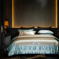 HKM-001107 Silk Cotton Embroidery Four-Piece Bed Set in Solid and Geometric Patterns