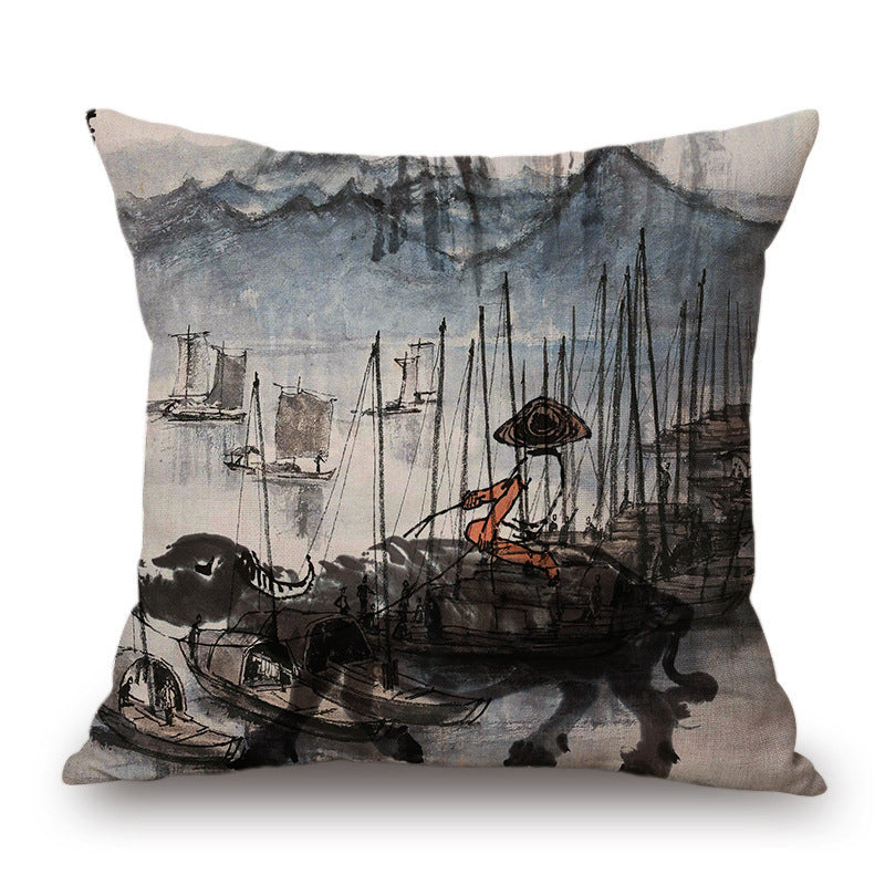 KTX-001491 Retro Landscape Cotton Cushion Cover for Home Decor - 45x45cm