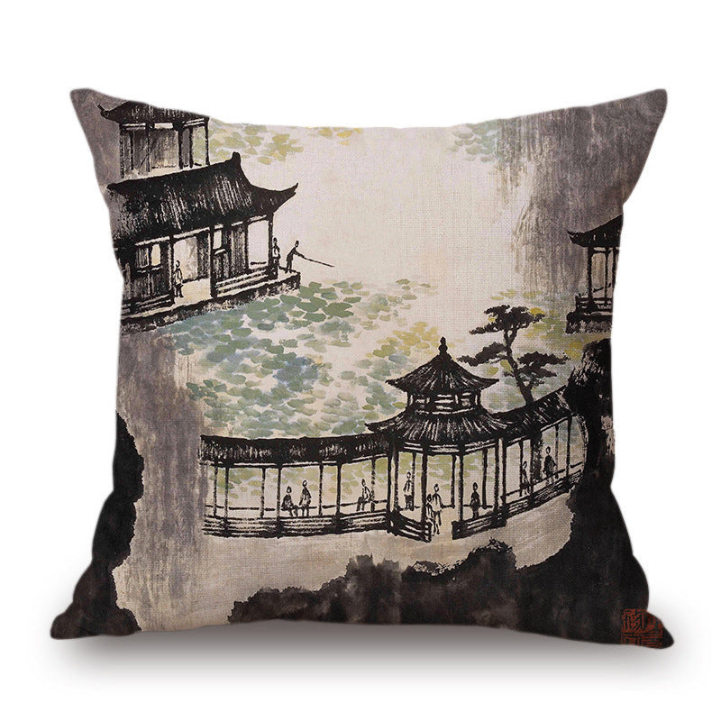KTX-001491 Retro Landscape Cotton Cushion Cover for Home Decor - 45x45cm
