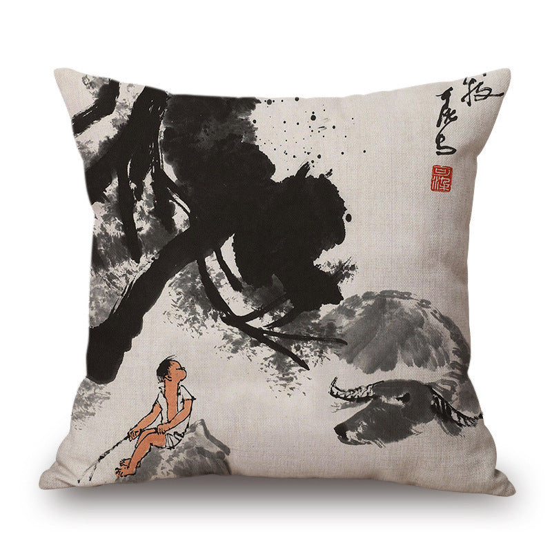 KTX-001491 Retro Landscape Cotton Cushion Cover for Home Decor - 45x45cm