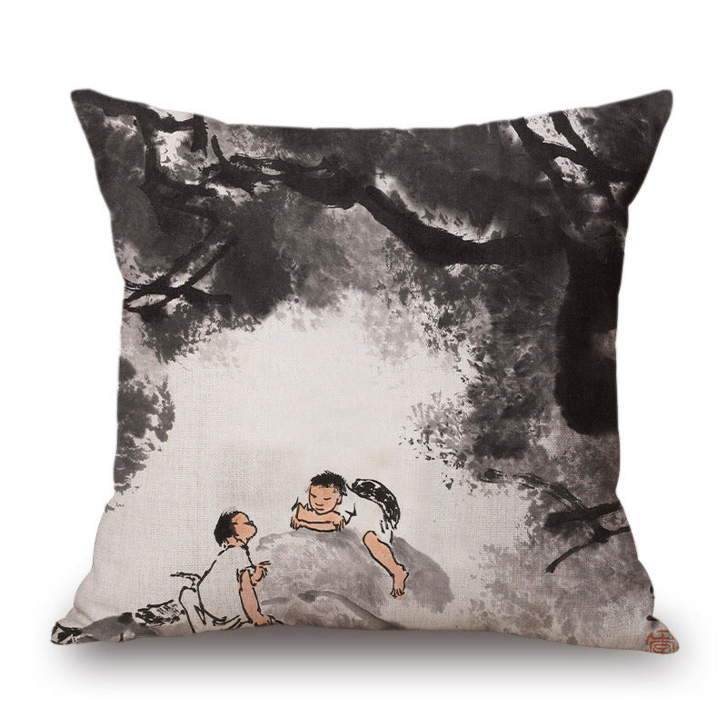 KTX-001491 Retro Landscape Cotton Cushion Cover for Home Decor - 45x45cm