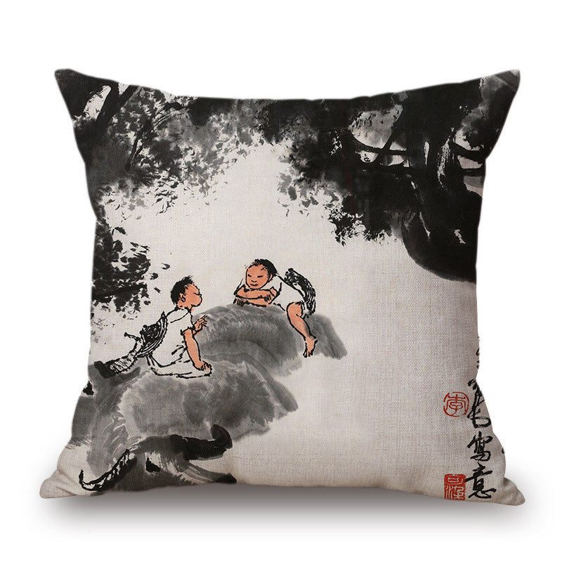 KTX-001491 Retro Landscape Cotton Cushion Cover for Home Decor - 45x45cm