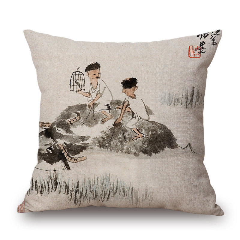 KTX-001491 Retro Landscape Cotton Cushion Cover for Home Decor - 45x45cm